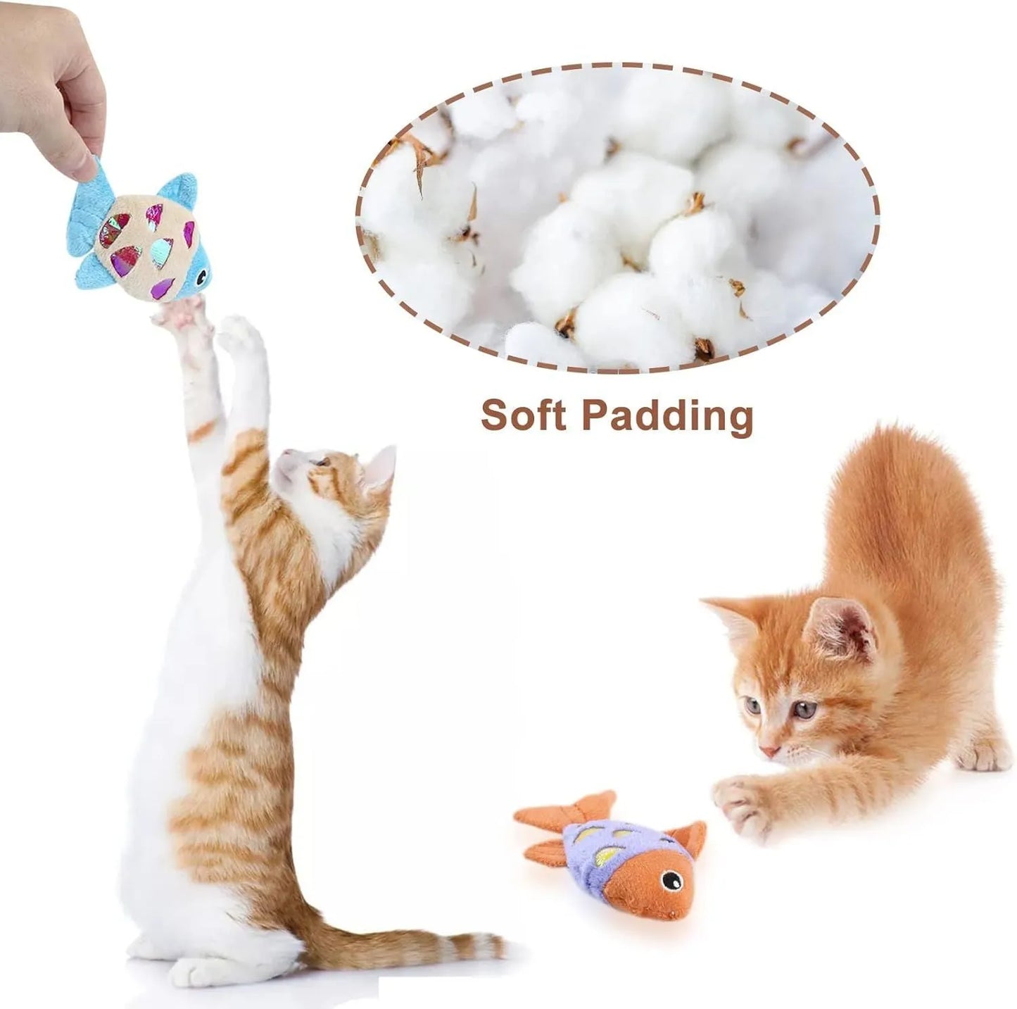 Two plush fish cat toys in blue and orange with catnip and crinkle sound features