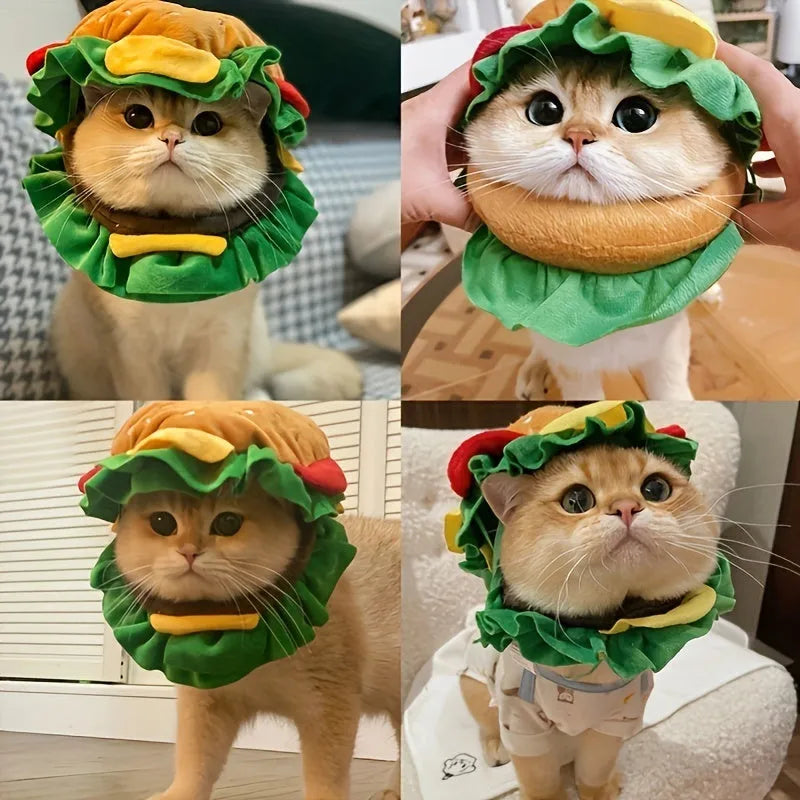 Burgerthemed fabric cat headdress collar with adjustable strap in yellow cheese, lettuce, patty, and tomato design