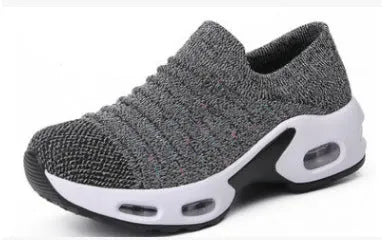 Women's fly-knit stretch socks shoes in dark blue with mesh upper and low heel