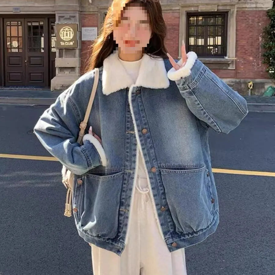 Loose salt-style sleeveless A-line jacket top for women in blue cotton with white fur trim, sizes S to XL