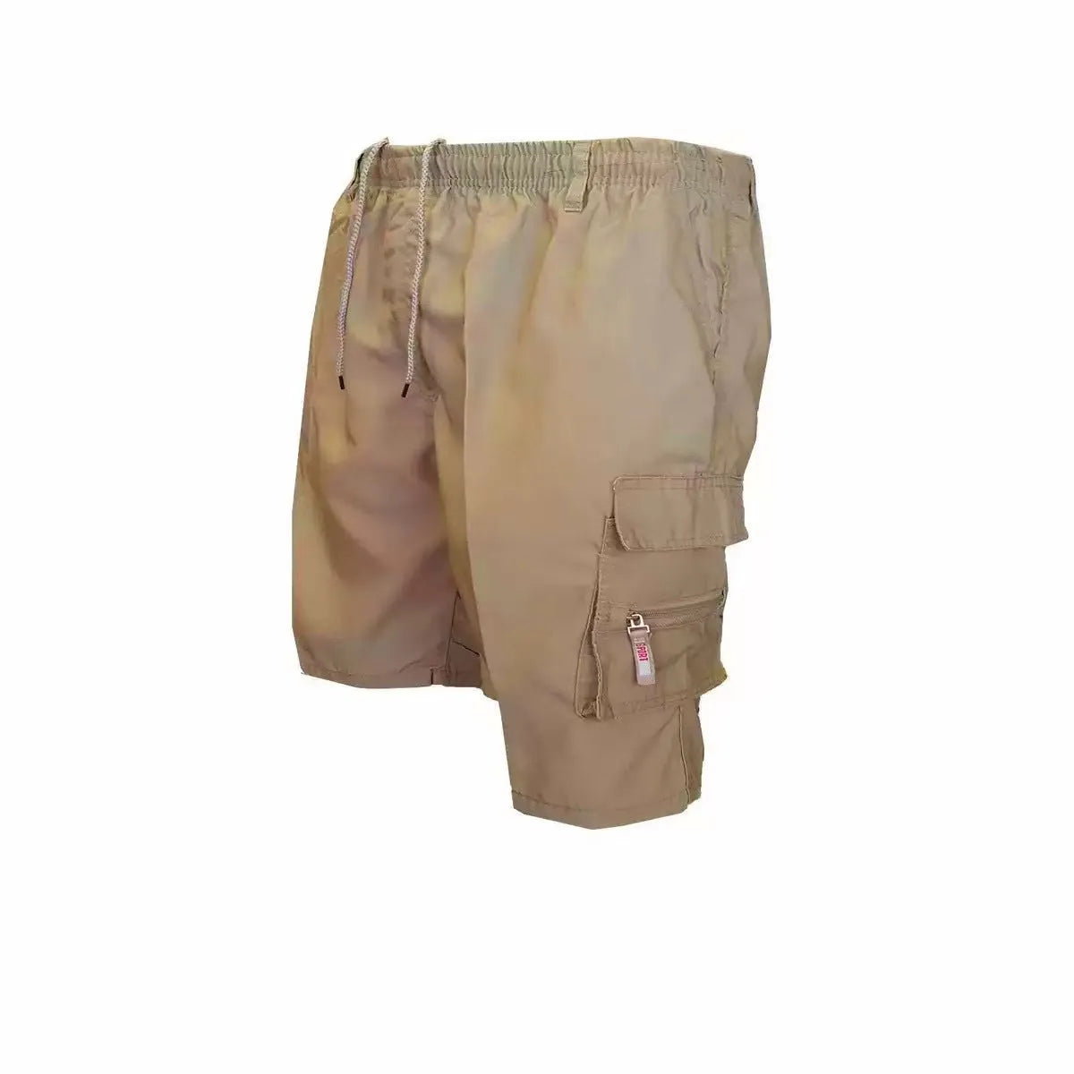 Man wearing loose-fit beige casual work pants with an elastic waistband.
