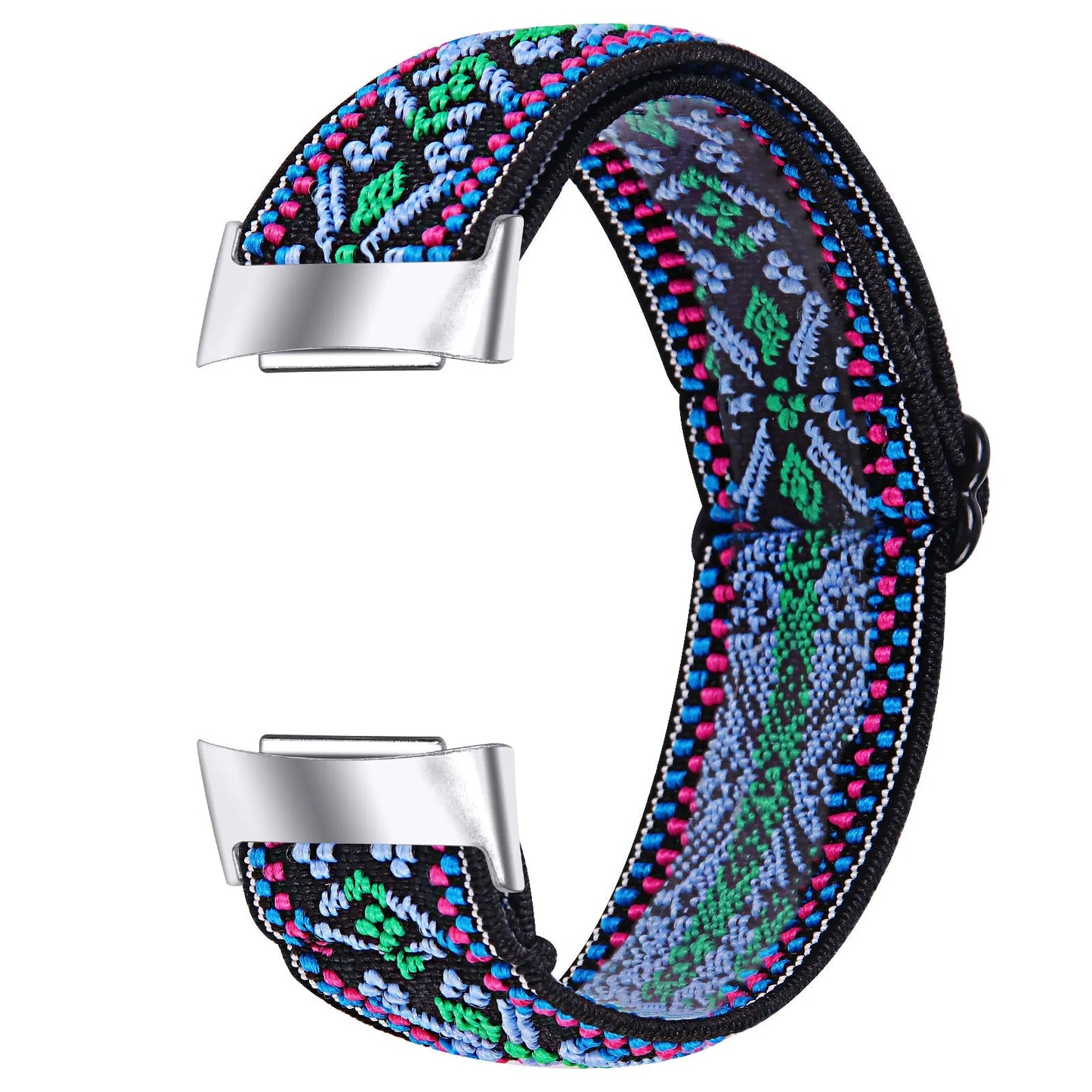 Printed elastic watch strap for Fitbit Charge 6 with adjustable sizing and multiple colour options