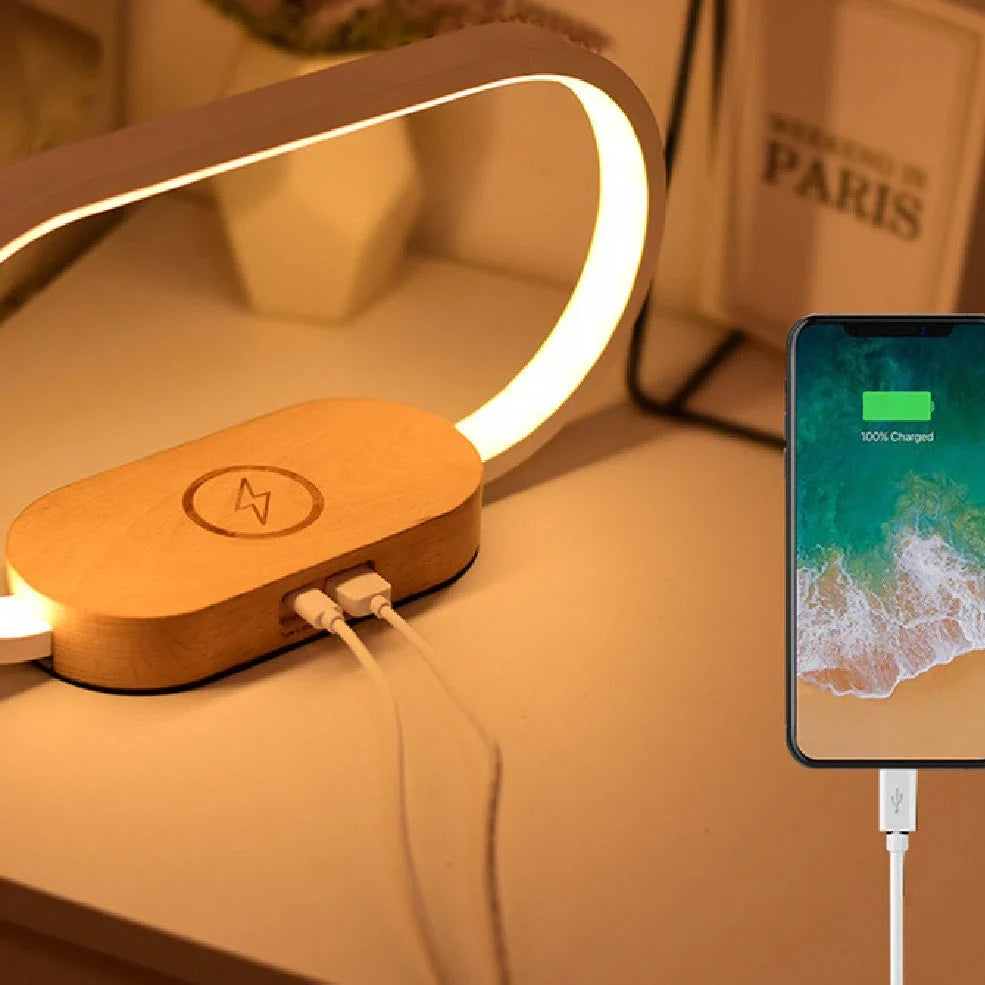 Wooden clock bedside table lamp with touch dimming control and USB power supply in wood grain finish