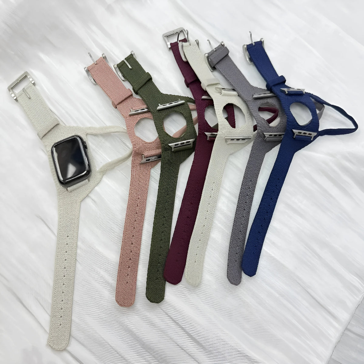 Nylon knitted rider wrist strap for Apple Watch in Army Green, Wine Red, Blue, or Black, sizes 38-42mm and 42-49mm
