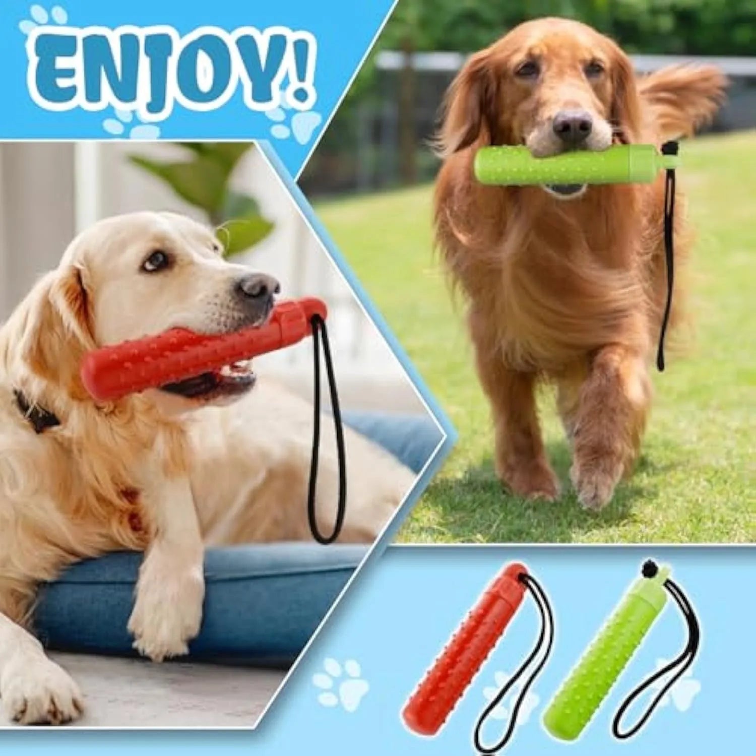 Two bright red and green floating TPR dog toys with ropes for water fetch and food hiding.