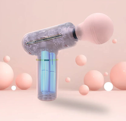 Green portable massage gun showing 20cm length with USB charging port and intensity controls