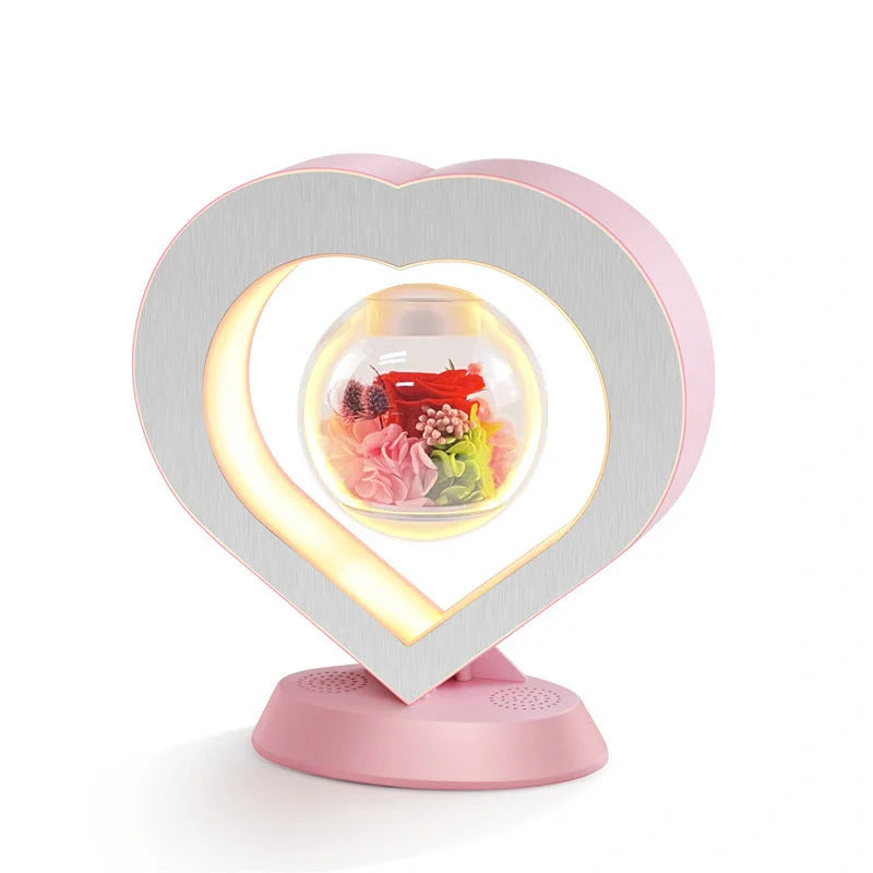 Magnetic Levitation LED Night Light with floating eternal flower in pink rose color