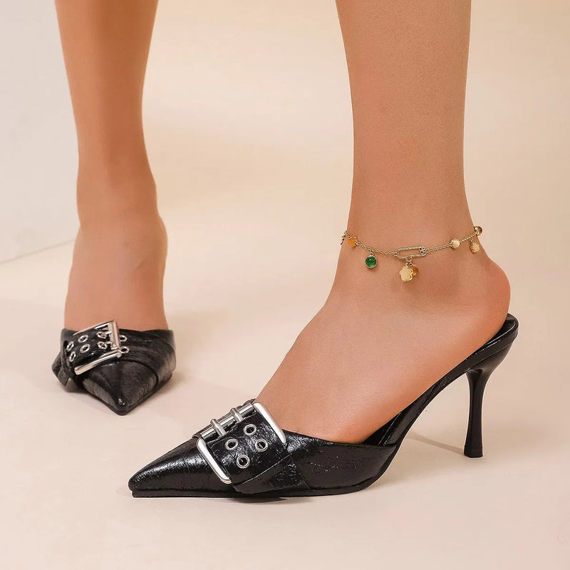 Women's High Heels Black Buckle Decorated Pointed Toe Strap Sandals in UK Sizes 35-42, Made with Synthetic PU Upper for Evening Wear or Formal Occasions