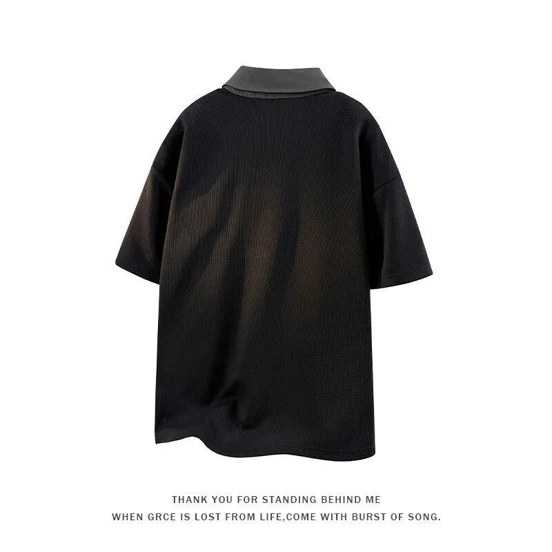 Men's heavy Henry collar polo shirt sweater in thin knit Spandex with padded detail, short sleeve pullover design