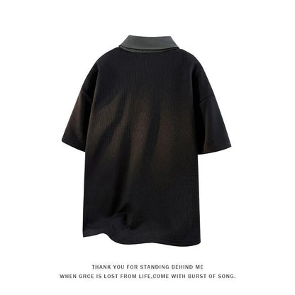 Men's heavy Henry collar polo shirt sweater in thin knit Spandex with padded detail, short sleeve pullover design