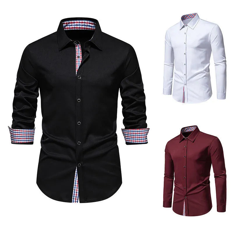 Men's loose fit plaid long-sleeved shirt in polyester blend fabric available in three colours