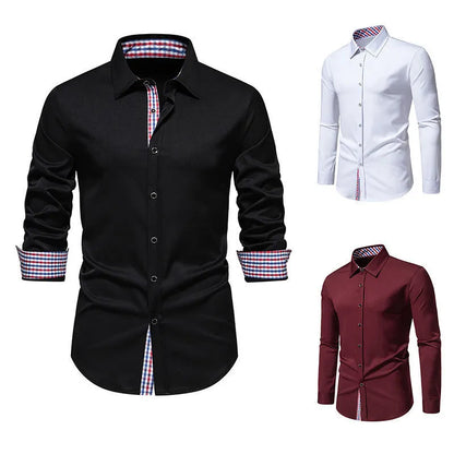 Men's loose fit plaid long-sleeved shirt in polyester blend fabric available in three colours