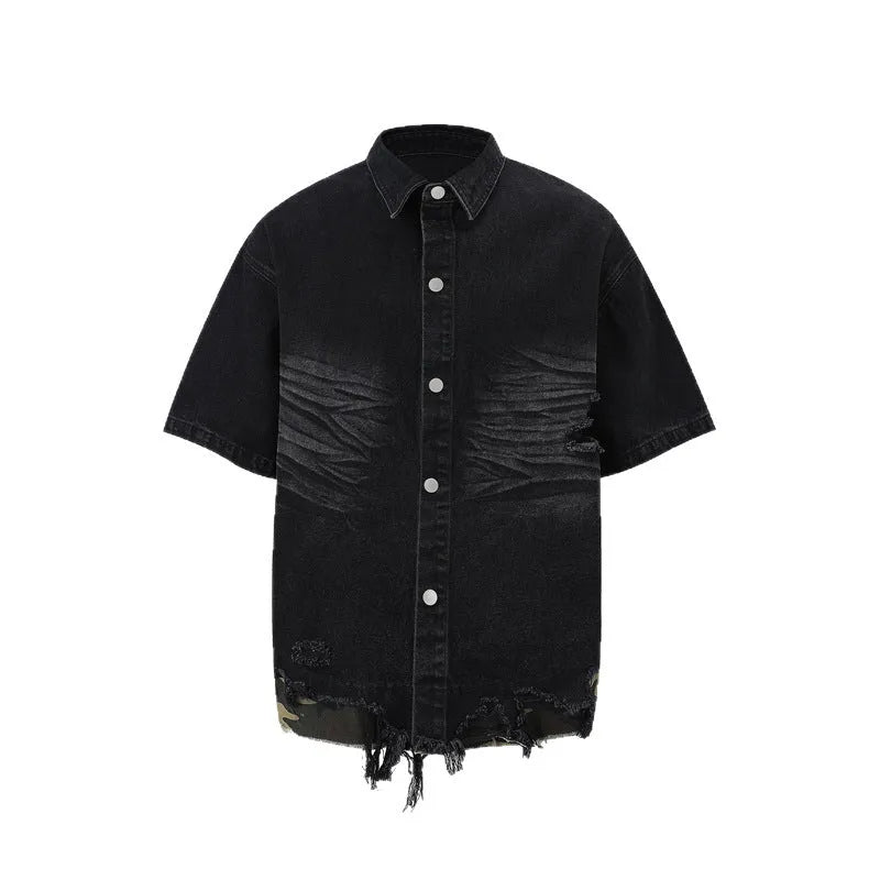 Men's black denim short sleeve suit with leopard print and cut edge stitching, paired with matching shorts.