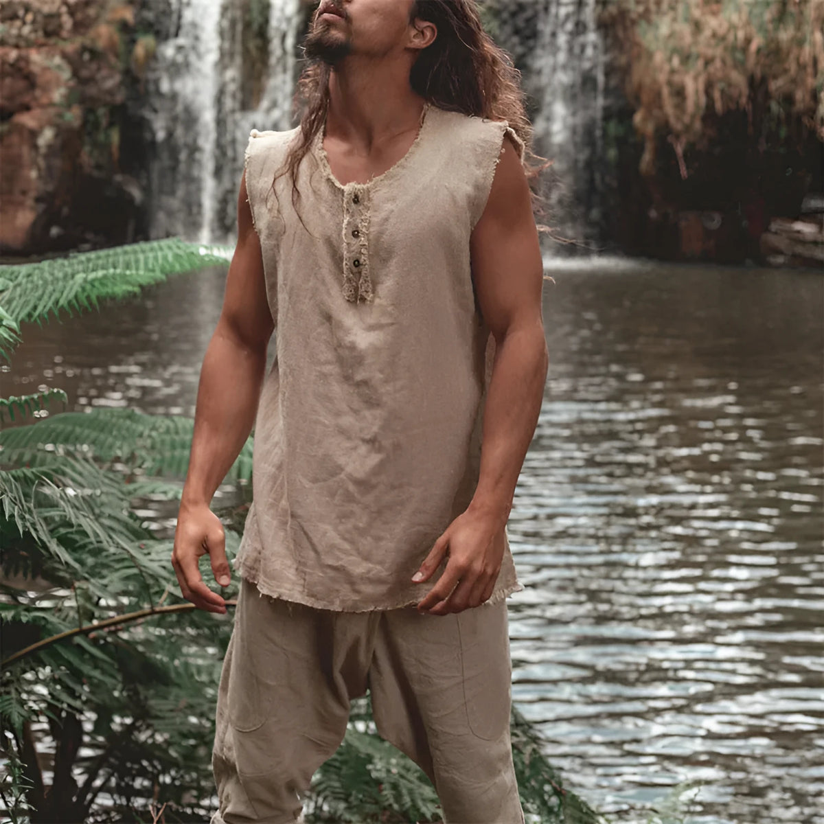 Men's loose linen vest in solid colour with round hem and sleeveless casual design, sizes S to XXXL