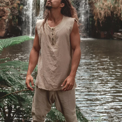 Men's loose linen vest in solid colour with round hem and sleeveless casual design, sizes S to XXXL