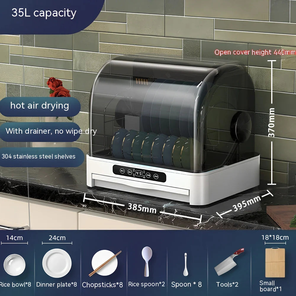 White desktop kitchen disinfection dryer with compact design showing control panel and 360° constant temperature technology