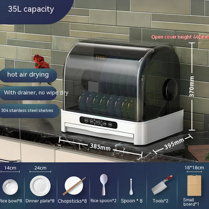 White desktop kitchen disinfection dryer with compact design showing control panel and 360° constant temperature technology