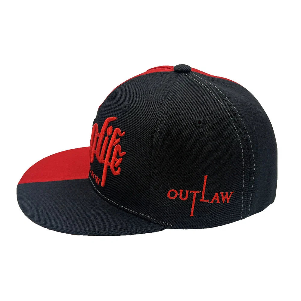 Street hip hop hat with embroidered letters in two colours on dome crown, adult sizing 56-60cm