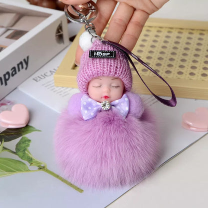 Hand-woven fox fur sleeping doll keychain pendant with optional bow