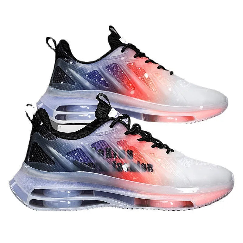 Men's black and green platform running shoes with mesh upper and rubber sole, showing lace-up design and 3-5cm heel height
