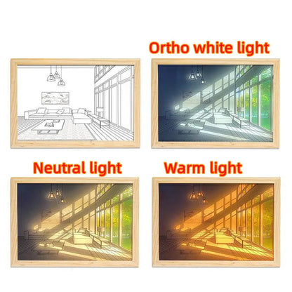LED illuminated decorative picture light on a table showing a scenic landscape image glowing from within.