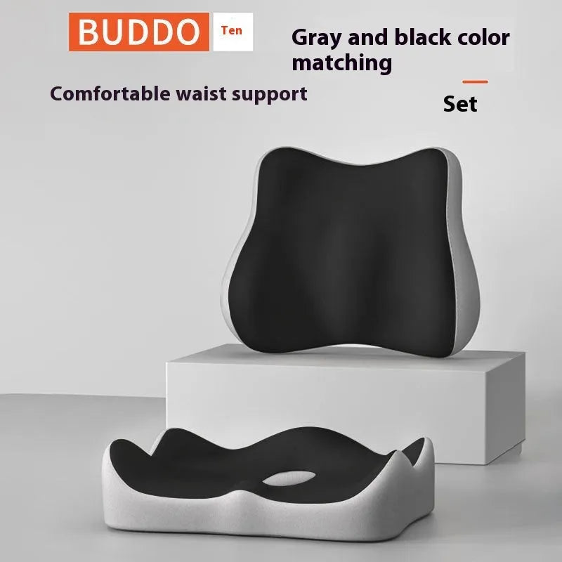 Memory foam seat cushion with contoured shape for lower back support, measuring 40cm x 40cm