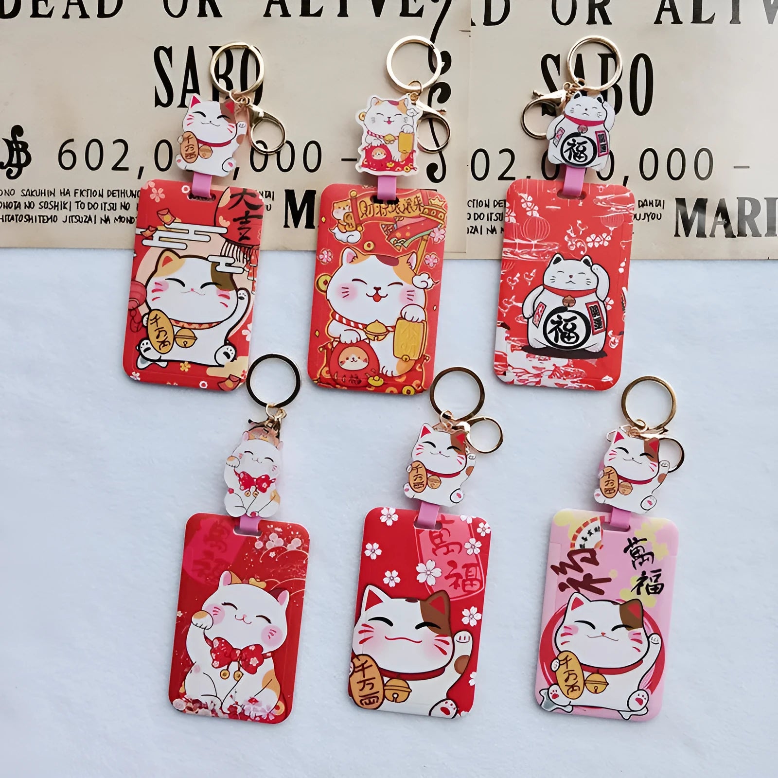 Lucky Cat plastic certificate sleeve set with decorative pendant in cartoon style