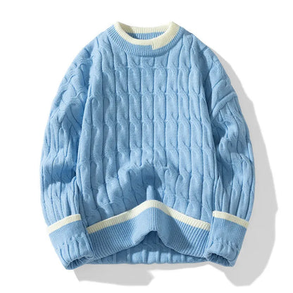 Men's loose fit modal acrylic pullover sweater in light blue on hanger