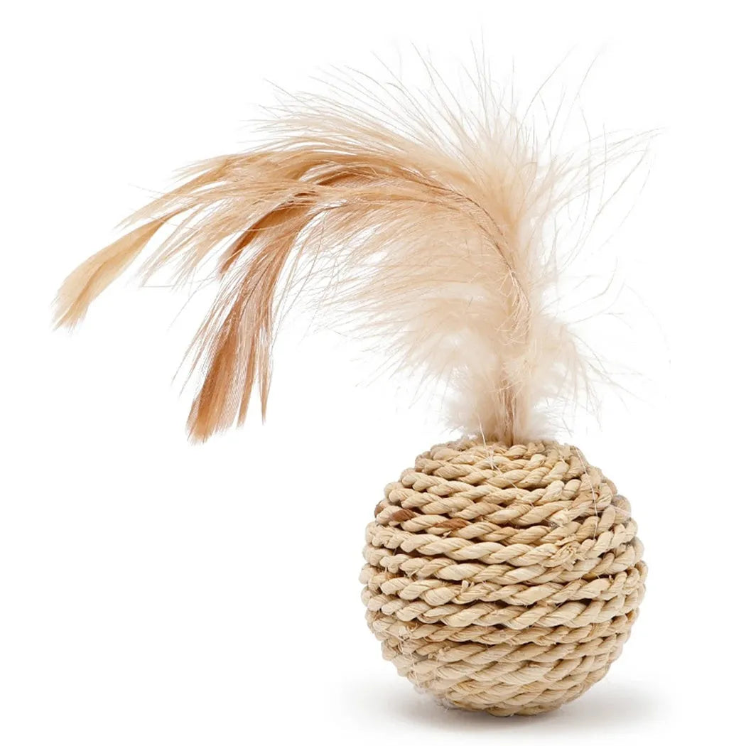 Two-piece cat toy set showing rattan ball and faux feather ball for interactive pet play