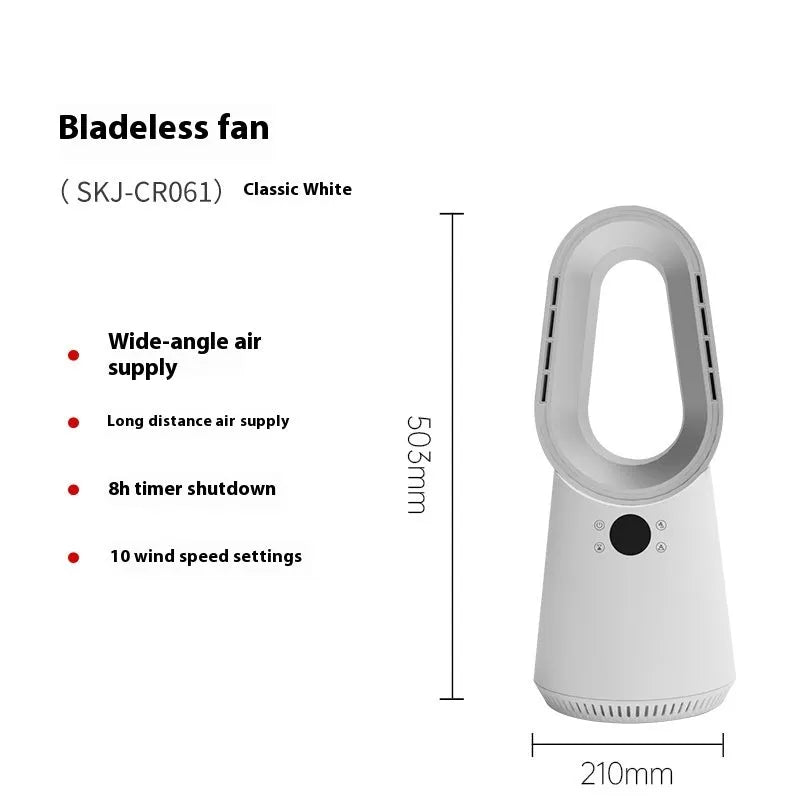 White SK bladeless tower fan with remote control on a wooden desk.