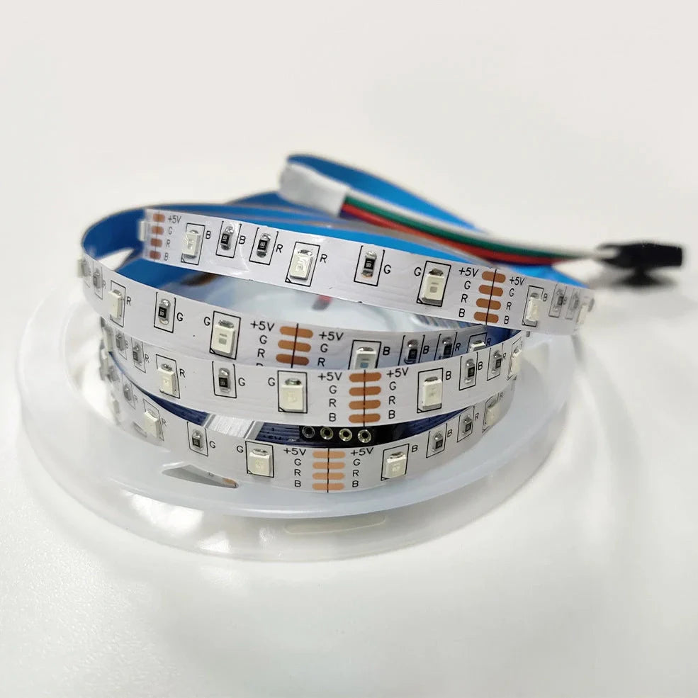 Flexible RGB LED strip lights with Bluetooth control showing colour changing effects on TV backlighting installation