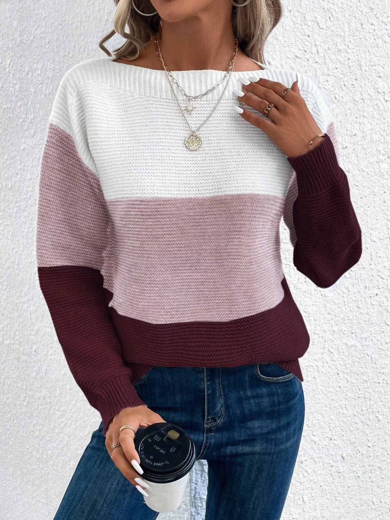 Women's round neck pullover sweater with unique splicing design in various colors