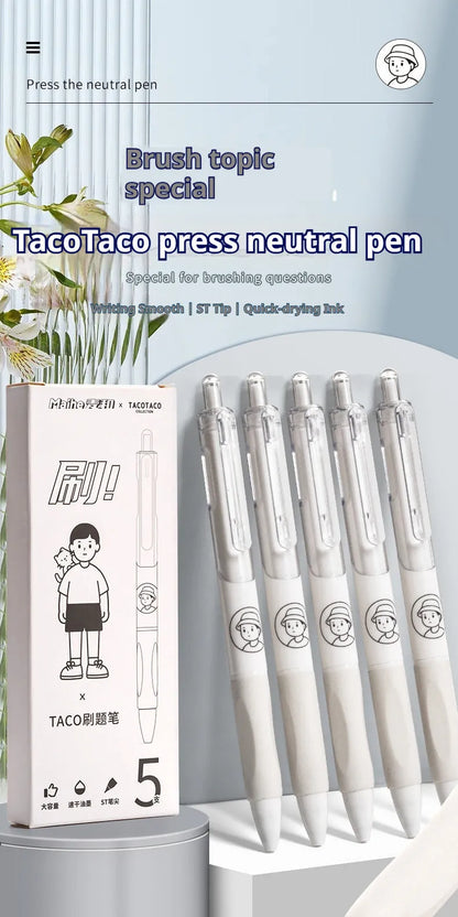 Five Taco series 0.5mm black ballpoint pens with quick-drying ink, plastic shells, suitable for exams and documents