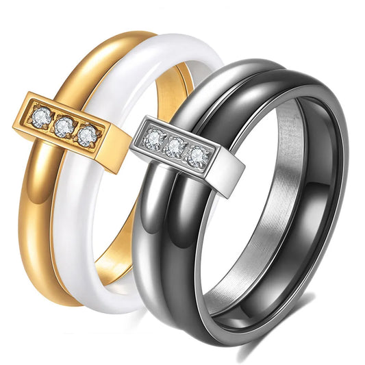 Glossy stitching inlaid zirconium ceramic 6mm ring in geometric design with electroplated finish