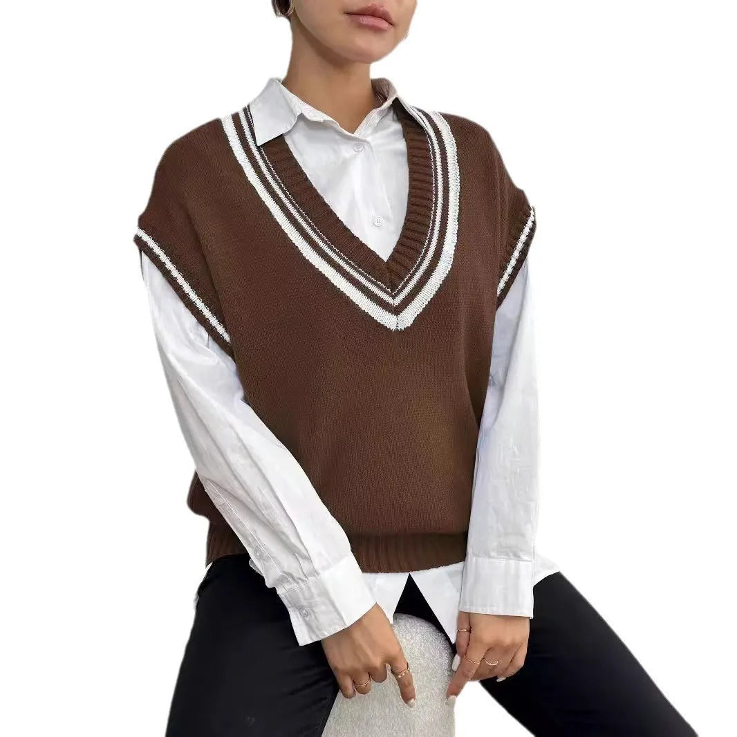 Women's college style acrylic pullover vest sweater in black, blue, and coffee colours with loose free size fit