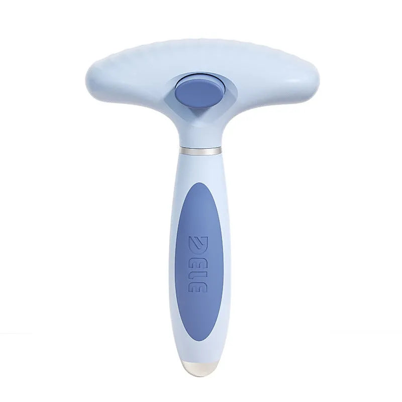 Stainless steel double-row dog grooming comb in azure light blue colour