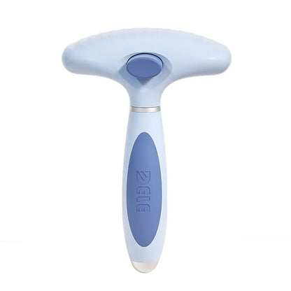 Stainless steel double-row dog grooming comb in azure light blue colour