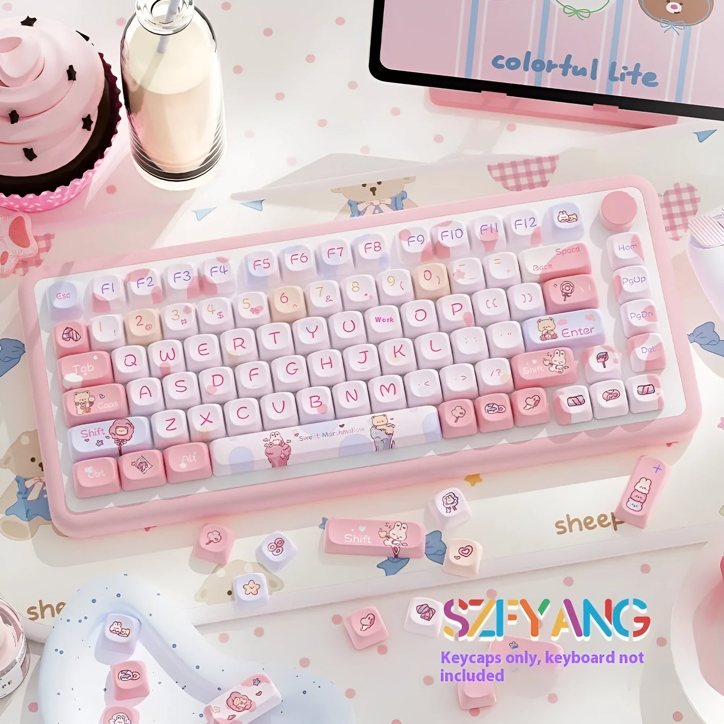 Sweet Cotton Candy coloured  profile PBT plastic keycap set for mechanical keyboards, shown in a full 120-key layout.