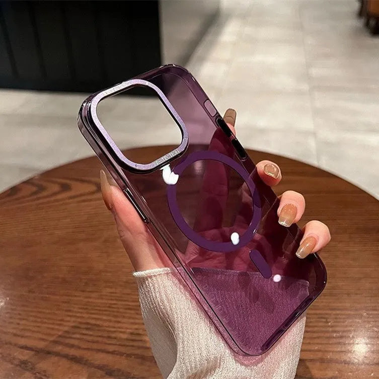 Transparent magnetic phone case with metal lens frame and independent metal buttons for iPhone 12 to 15 Pro Max