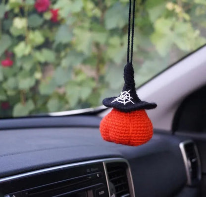 Soft, hand-woven plush car hanging ornament in a cartoon character design.