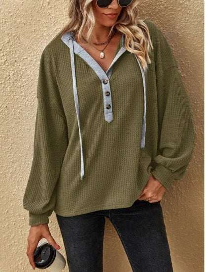 Casual sports button hooded sweatshirt in army green, pink, and blue