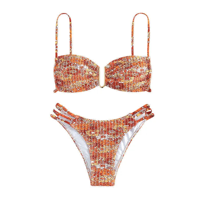 Women's floral bikini swimsuit set with high-waisted briefs in solid colours