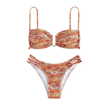 Women's floral bikini swimsuit set with high-waisted briefs in solid colours