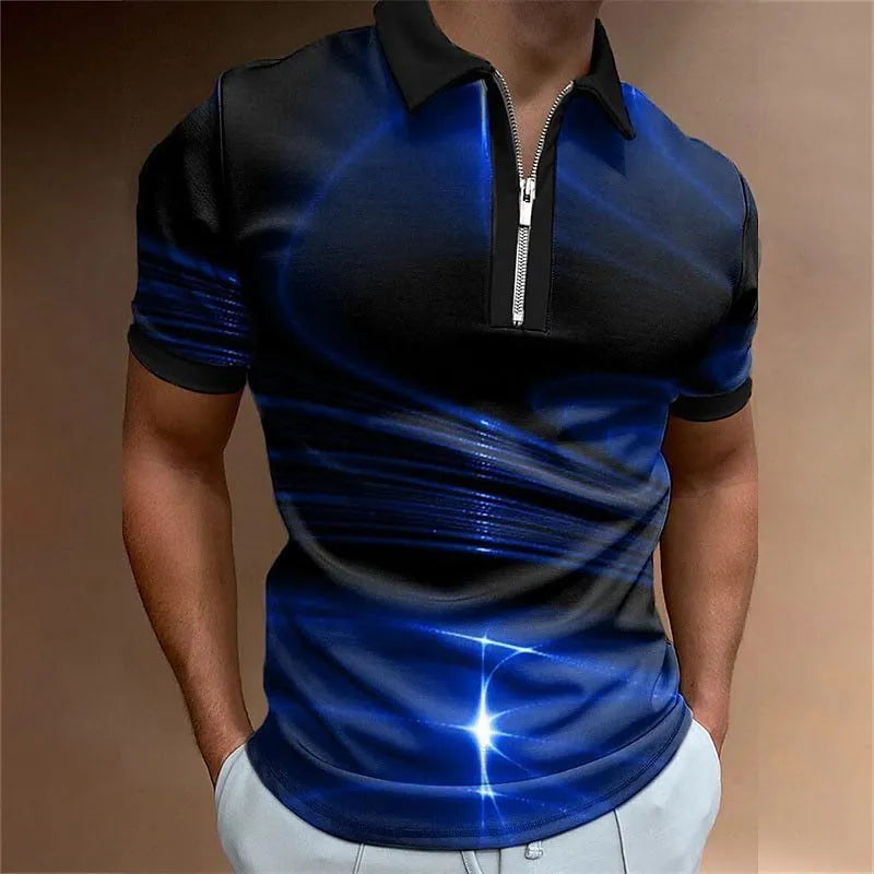 Men's blue loose fit short sleeve polo shirt with a zipper lapel front.