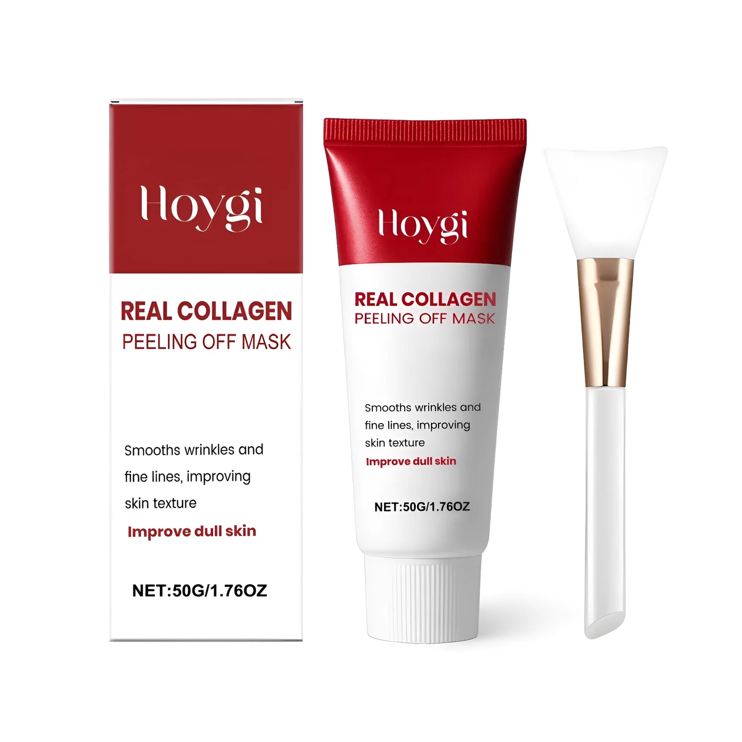 50g jar of collagen peel-off facial mask with a brush applicator on a white background