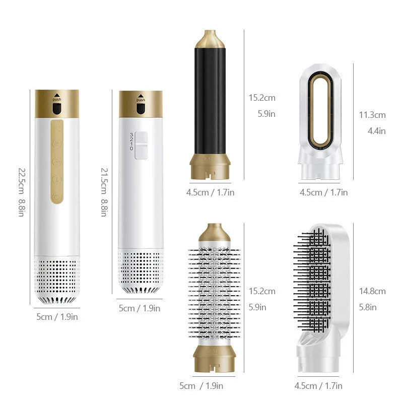 Electric hot air styling comb with six attachments for curling and straightening hair in leather case