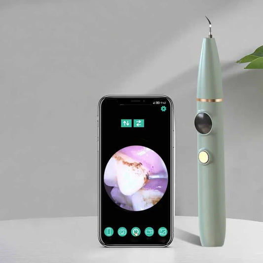 Ultrasonic Dental Plaque Remover with stainless steel and silicone construction, powerful vibrations, and USB charging