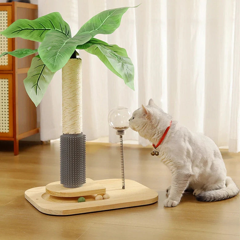 Vertical wooden cat scratching post with chamfered edges and food drop ball attachment