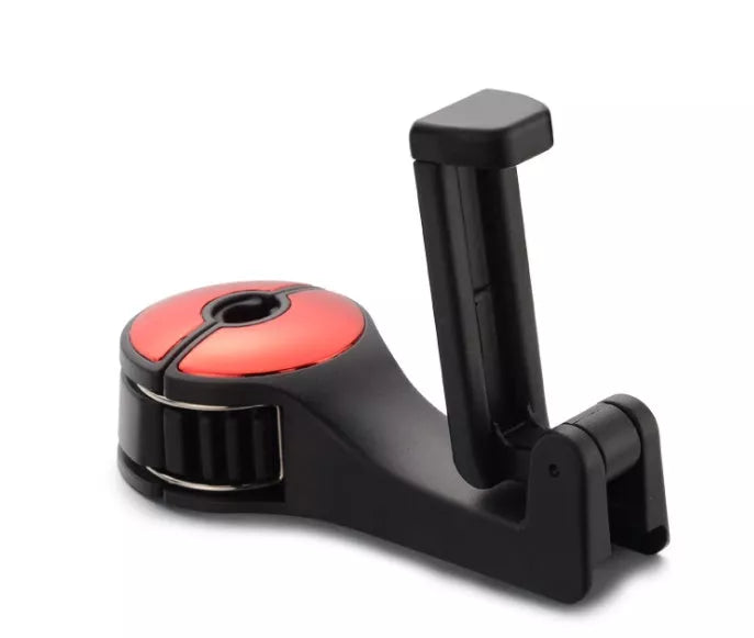 360° rotating car headrest hook phone holder in black, beige, red, or blue
