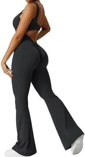 Women's sleeveless flare jumpsuit for yoga in high elasticity polyester fabric.